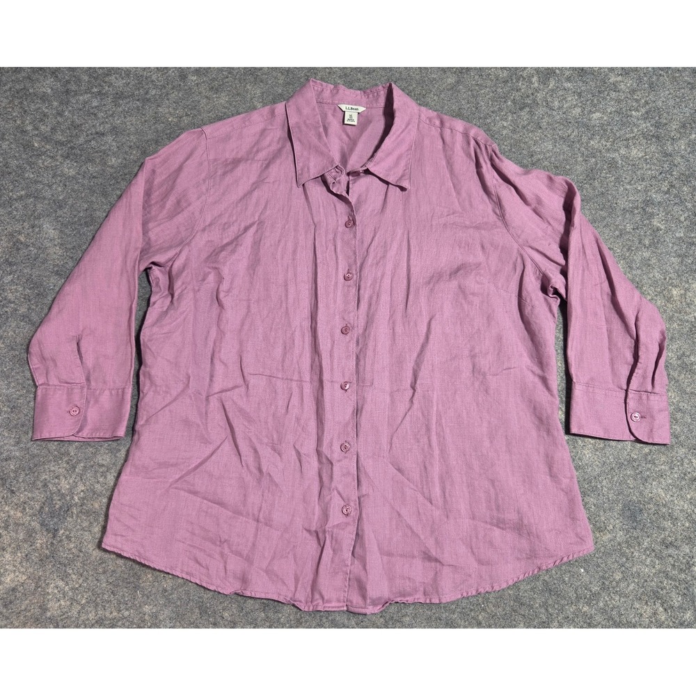 LL Bean Womens XL Purple 100% Linen Button Down 3/4 Sleeve Shirt
